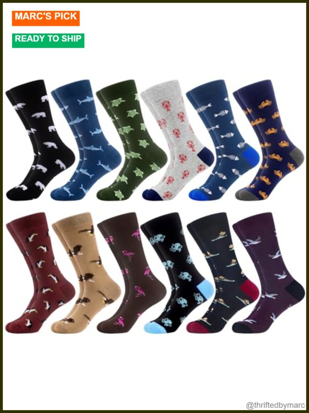 Men's Combed Cotton Crew Socks Animal Pattern Dress Casual 12 Pack